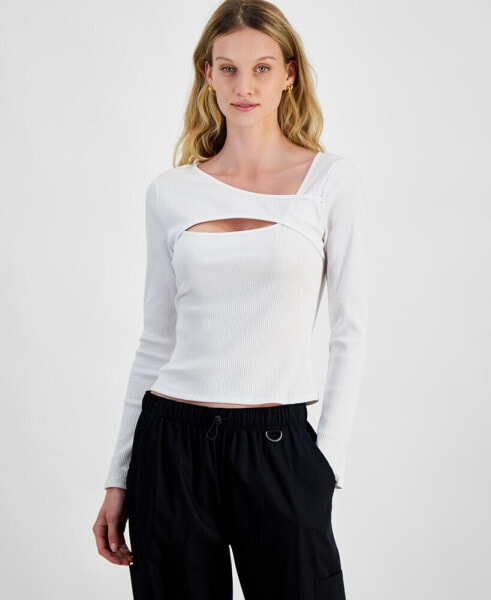 Juniors' Asymmetric Rib-Knit Long-Sleeve Top