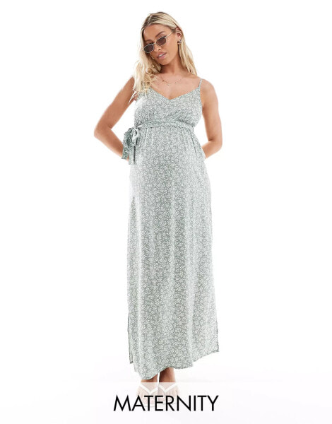 Vero Moda Maternity v neck maxi dress with tie waist in sage green floral