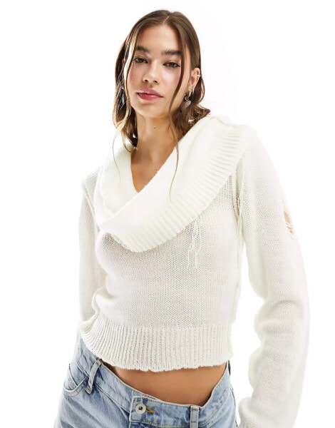 COLLUSION multi-wear knitted jumper top with distressing in ecru