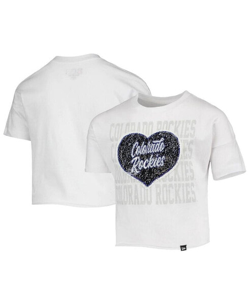 Big Girls White Colorado Rockies Flip Sequin Heart Crop Top