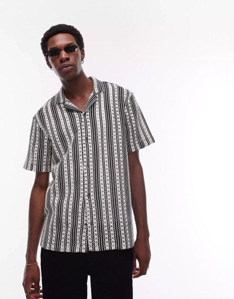 Topman short sleeve relaxed crochet stripe shirt in black and white