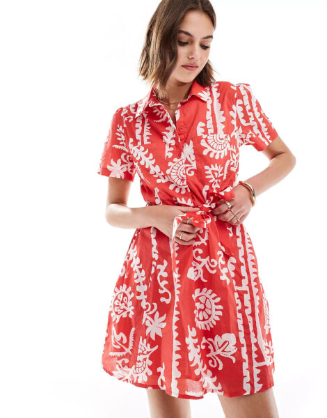 Mango printed shirt mini dress in red