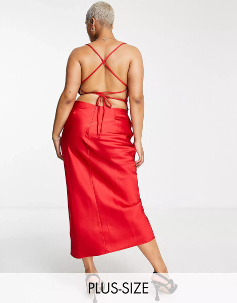 In The Style Plus exclusive satin cowl front midi dress in red