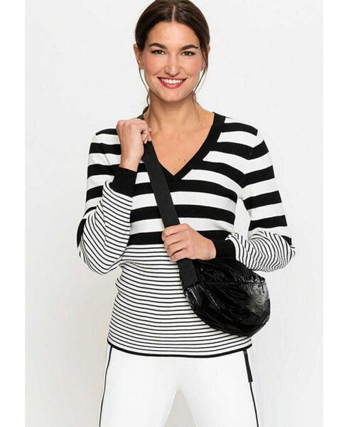 Women's L/S Varied Stripe V-Neck Sweater