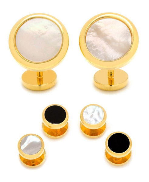 Men's Double Sided Round Beveled Cufflink and Stud Set