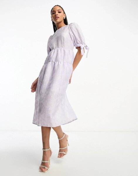 Monki balloon sleeve floral shimmer brocade midi dress in lilac