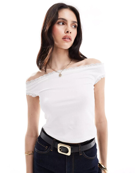 ASOS DESIGN bardot lace trim top in white