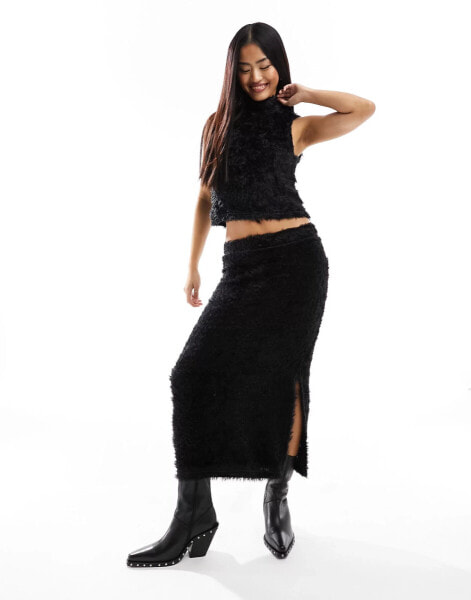 Pieces fluffy knit midi skirt co-ord in black