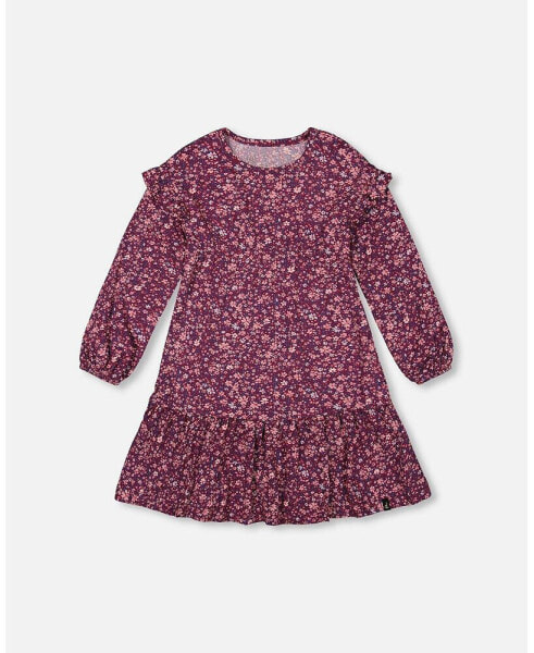 Toddler Girls Dress With Frills Burgundy Printed Flowers - Toddler|Child