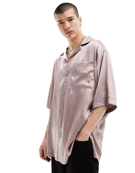 ASOS DESIGN short sleeve oversized bowling shirt with revere collar in dusty pink