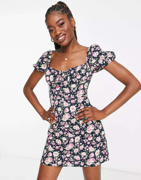 NaaNaa milkmaid mini dress in black and pink floral