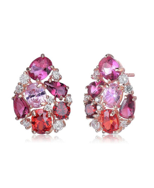 Sterling Silver 18K Rose Gold Plated Red Color Variant Cubic Zirconia Accent Drop Earrings