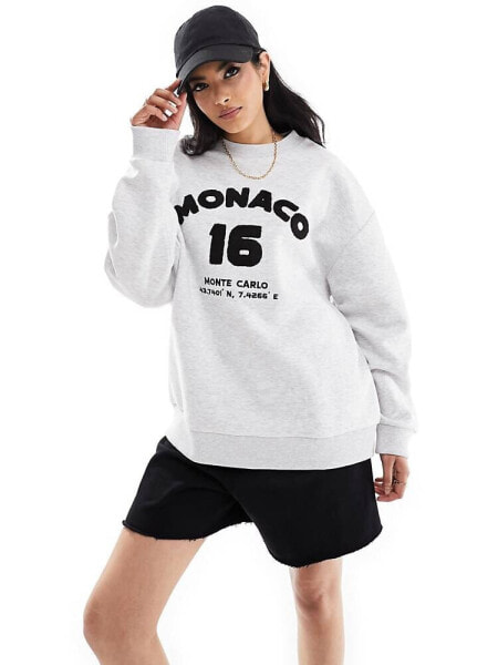 ASOS DESIGN oversized sweat with monaco chenille graphic in ice marl