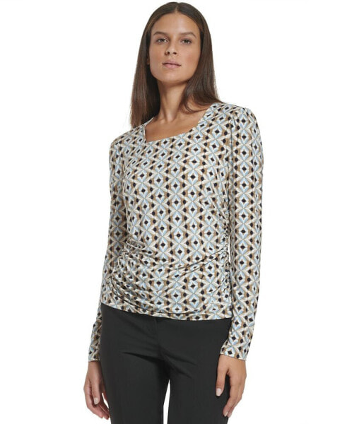 Women's Geometric-Print Ruched Square-Neck Top