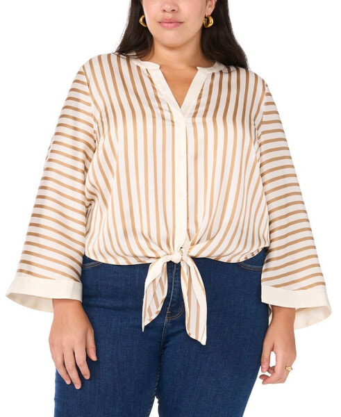 Women's Plus Size Tie-Hem Striped Wide-Sleeve Blouse