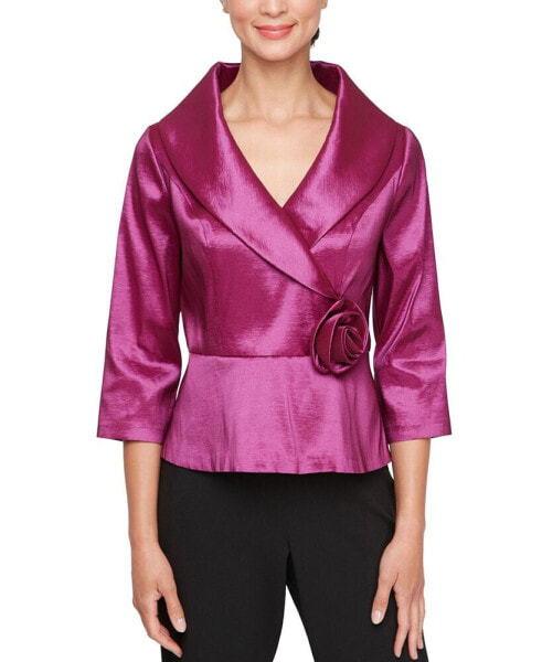 Petite Shawl-Collar Rosette-Trim Top