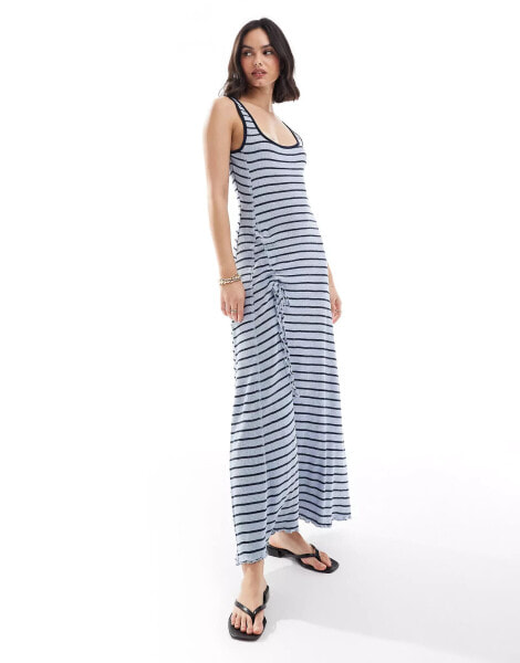 ASOS DESIGN cami strap with ruched tie and side split midi dress in navy and black stripe