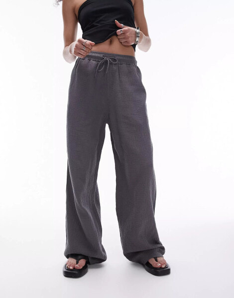 Topshop washed cheesecloth wide leg trouser in charcoal