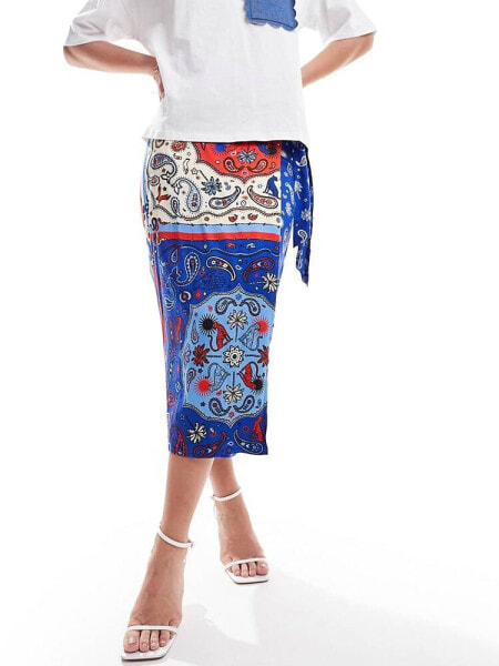 Never Fully Dressed Jaspre wrap midaxi skirt co-ord in blue bandana print