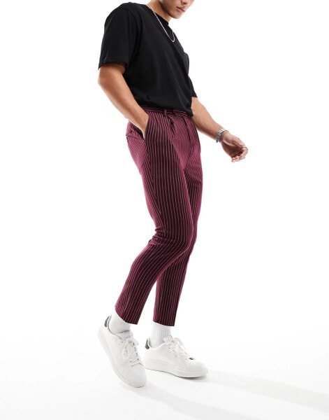 ASOS DESIGN tapered smart trousers in burgundy pin stripe