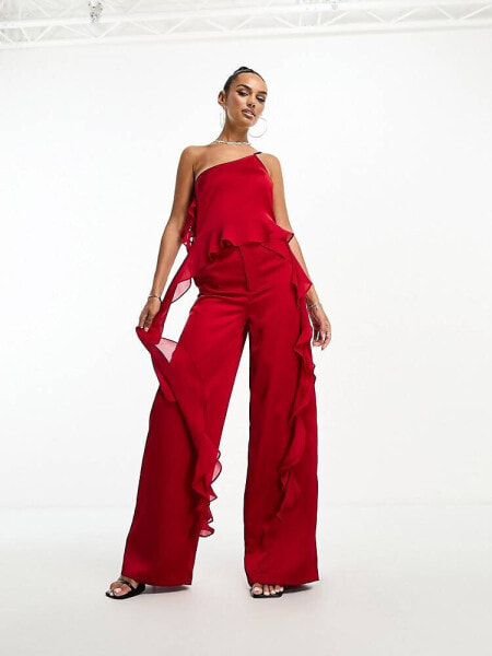 Kaiia chiffon ruffle wide leg trouser co-ord in red