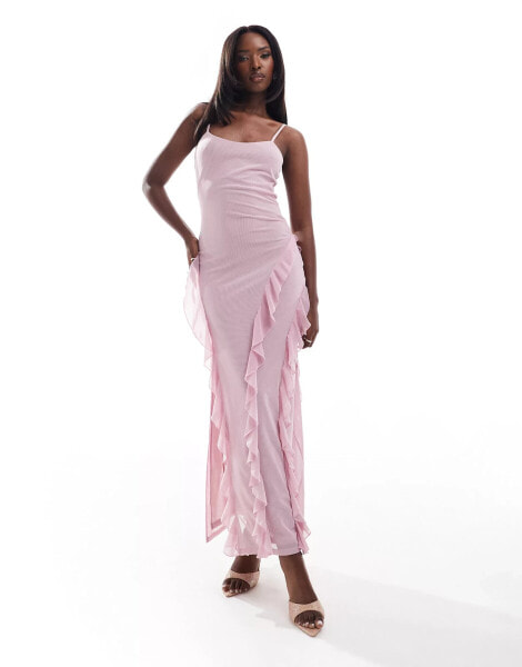 Kaiia mesh ruffle detail maxi cami dress in pink