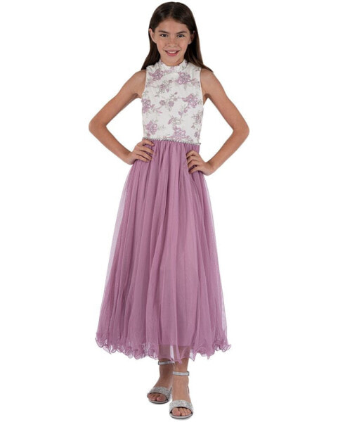 Big Girls Mock-Neck Tulle Maxi Dress