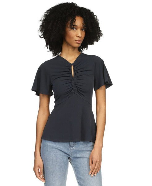 Women's Ruched Flutter-Sleeve Keyhole Top