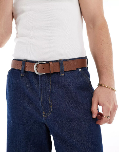 ASOS DESIGN washed leather brown belt with silver buckle