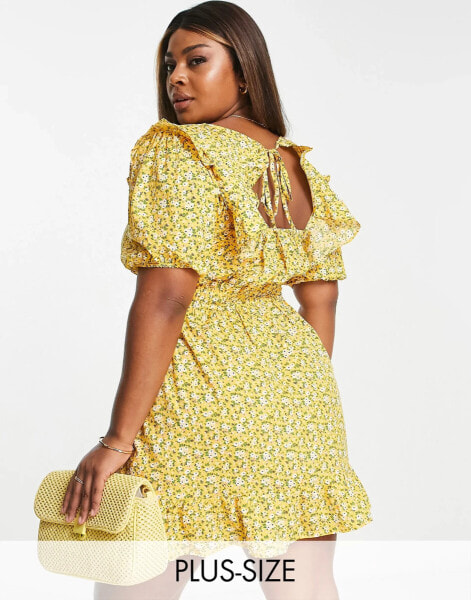 In The Style Plus x Jac Jossa volume sleeve mini tea dress in yellow floral print