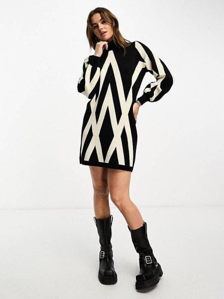 Object knitted jumper dress with high neck in mono print