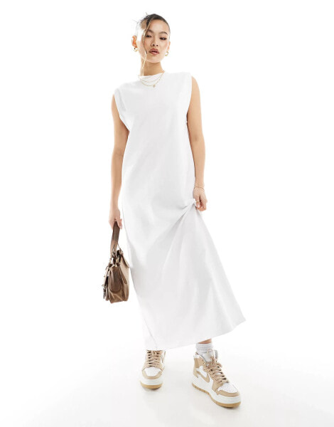 ASOS DESIGN crew neck maxi dress with shoulder pad in white