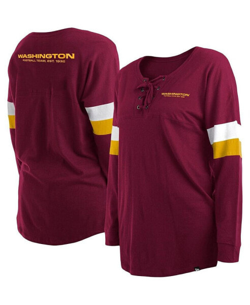 Women's Burgundy Washington Commanders Plus Size Athletic Varsity Lace-Up V-Neck Long Sleeve T-shirt