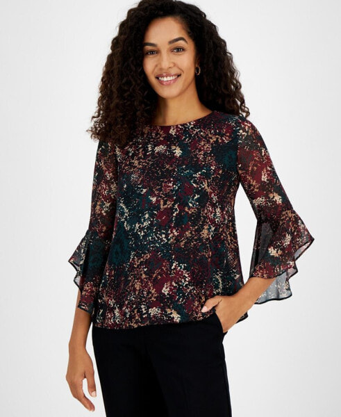 Women's Floral-Print Bell-Sleeve Ruffle Blouse