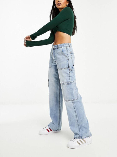 Rive Island wide leg cargo jean in medium denim