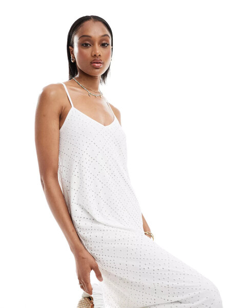 Vero Moda Tall v neck broderie jersey maxi dress in white