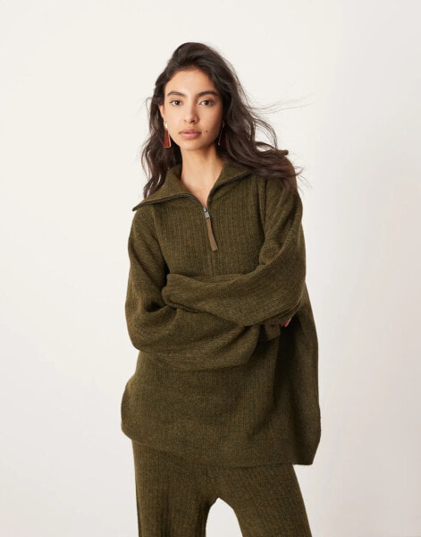 ASOS EDITION knitted rib half zip oversized collar jumper co-ord in khaki