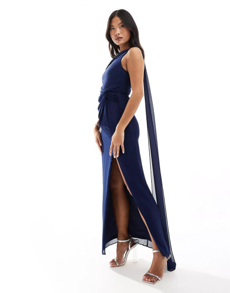 TFNC Petite Bridesmaid chiffon fallen shoulder maxi dress with drape detail in navy