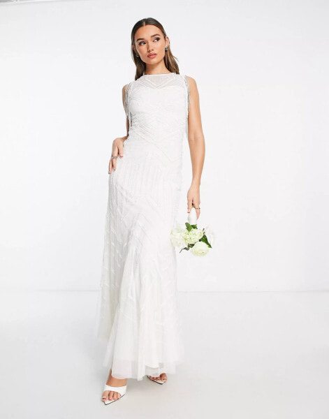 Starlet Bridal exclusive cap sleeve fringe maxi dress in ivory