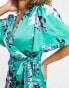 Liquorish satin wrap front midaxi dress in sage floral print