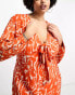 Pretty Lavish Curve long sleeve tie midaxi dress in orange zebra