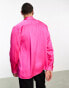 ASOS DESIGN long sleeve double breasted satin shirt with shawl collar in neon pink