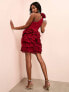 ASOS LUXE exaggerated 3D floral mesh one shoulder mini dress in dark red