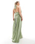 TFNC Plus Bridesmaid satin pleated halter neck maxi dress with full skirt in sage