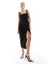 New Look square neck ruched front midi dress in black