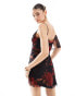 ASOS DESIGN raw edge asym hem mini dress in red and black floral