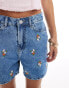 Pieces floral embroidered longline denim shorts in light blue