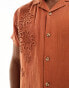 ASOS DESIGN short sleeve relaxed revere shirt with embroidery in rust brown