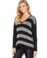 Kensie Women Long Sleeve V Neck Striped Ribbed Vented Hem Sweater Black Silver M