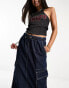 Only cargo denim midi skirt in dark blue